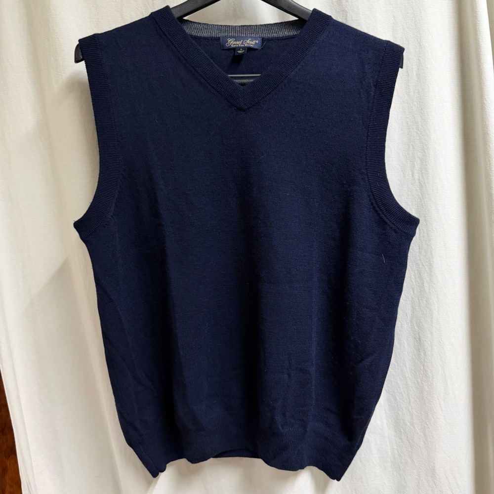 Garret Scott Mens Navy Blue Extra Fine Merino Wool V-Neck Sweater Vest Large